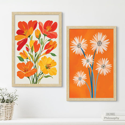 Floral Art Paintings with Frame for Home Decor, Flowers Wall Painting for Living Room, Multicolor, Natural Wood Color Frames, Set of 2