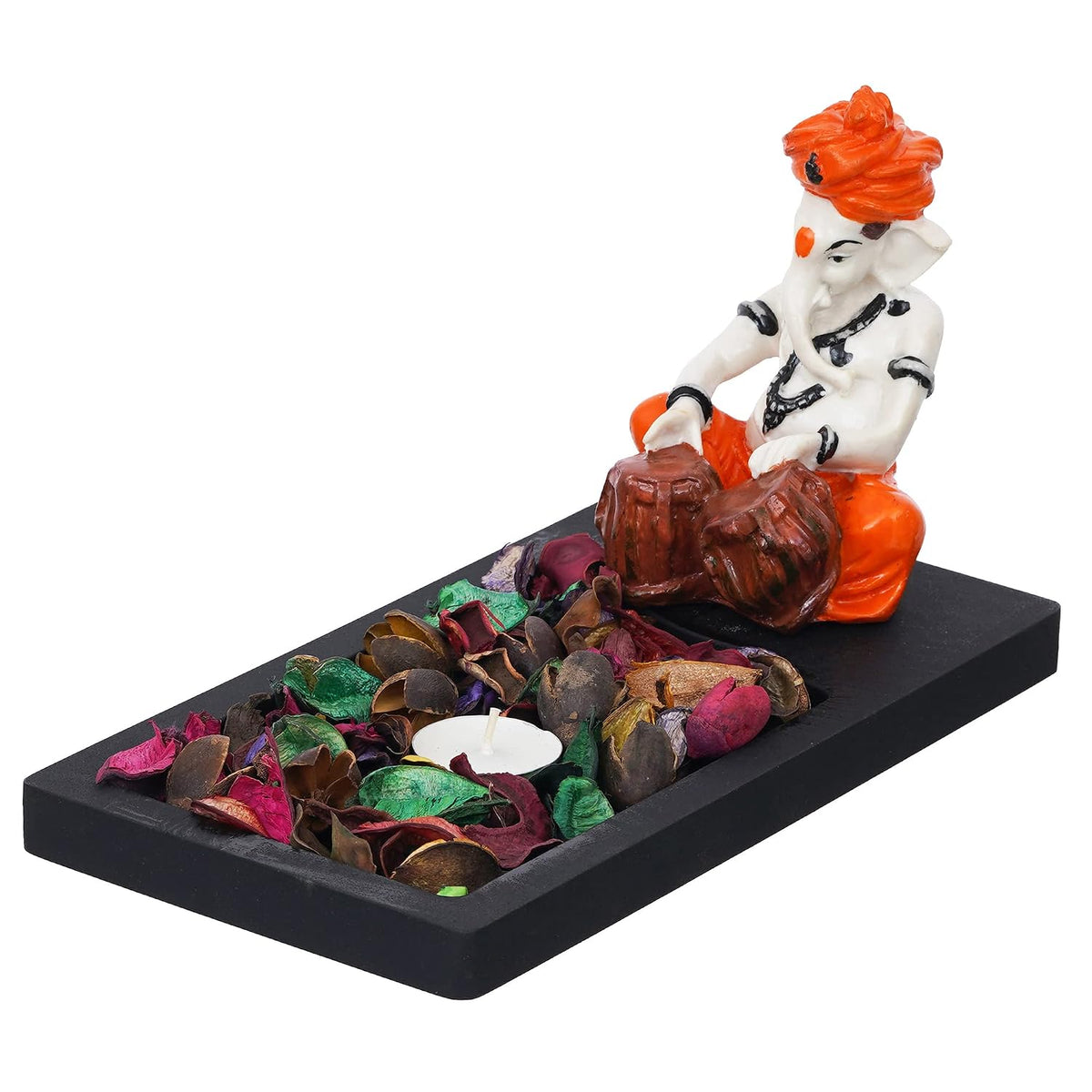 Orange White Resin Lord Ganesha Statue Playing Tabla Showpiece Potpourri Rectangle Tea Light Candle Holder|Ganpati Murti Tea Light Holder Diwali Decoration Items for Home Decor|Diwali Gift