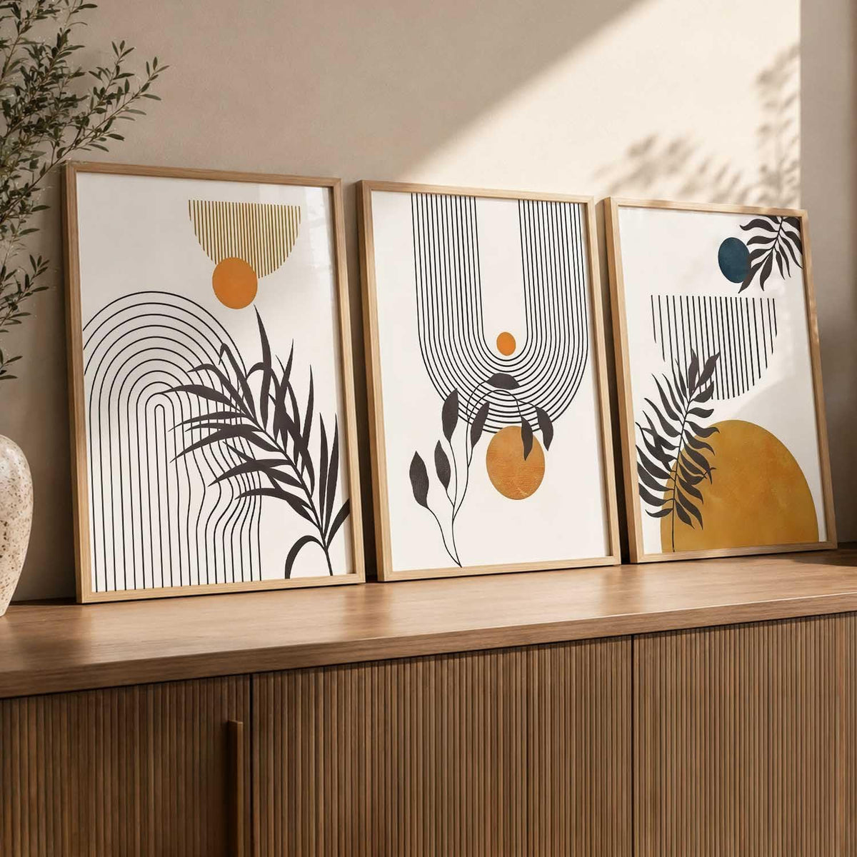 Boho Wall Art Home Decoration Paintings With Frame For Living Room Bed Room Hotel Wall Decor Digital Reprint Set of 3 (13X17 inch)