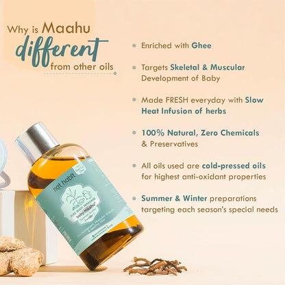 Nat Habit Winter Maahu Baby Massage Oil - Balamool Sunthi For Bone Development, Muscular Strength & Healthy Skin - Suitable For Ages 0 to 12 years - Zero Chemicals & Preservatives - 100ml