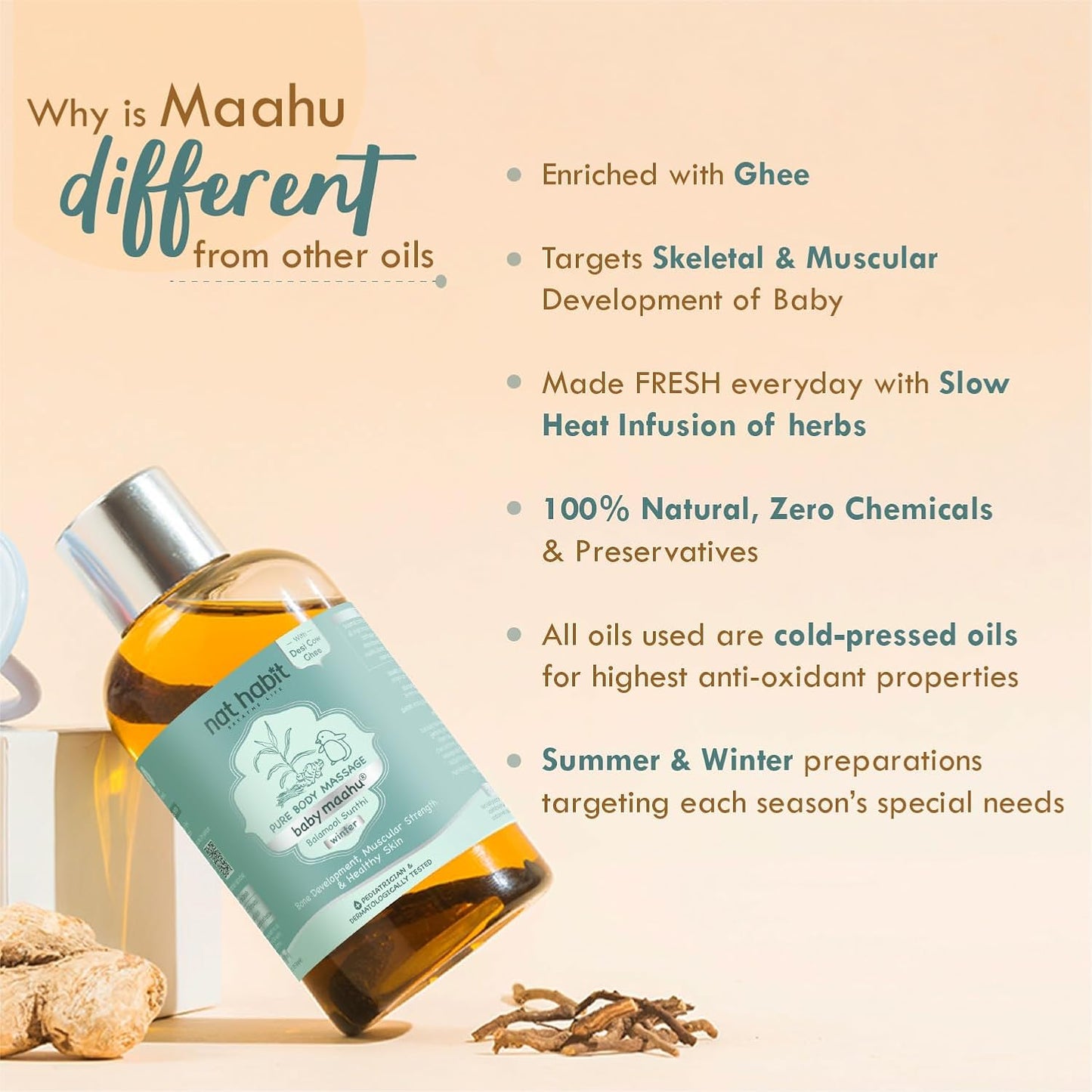 Nat Habit Winter Maahu Baby Massage Oil - Balamool Sunthi For Bone Development, Muscular Strength & Healthy Skin - Suitable For Ages 0 to 12 years - Zero Chemicals & Preservatives - 200ml