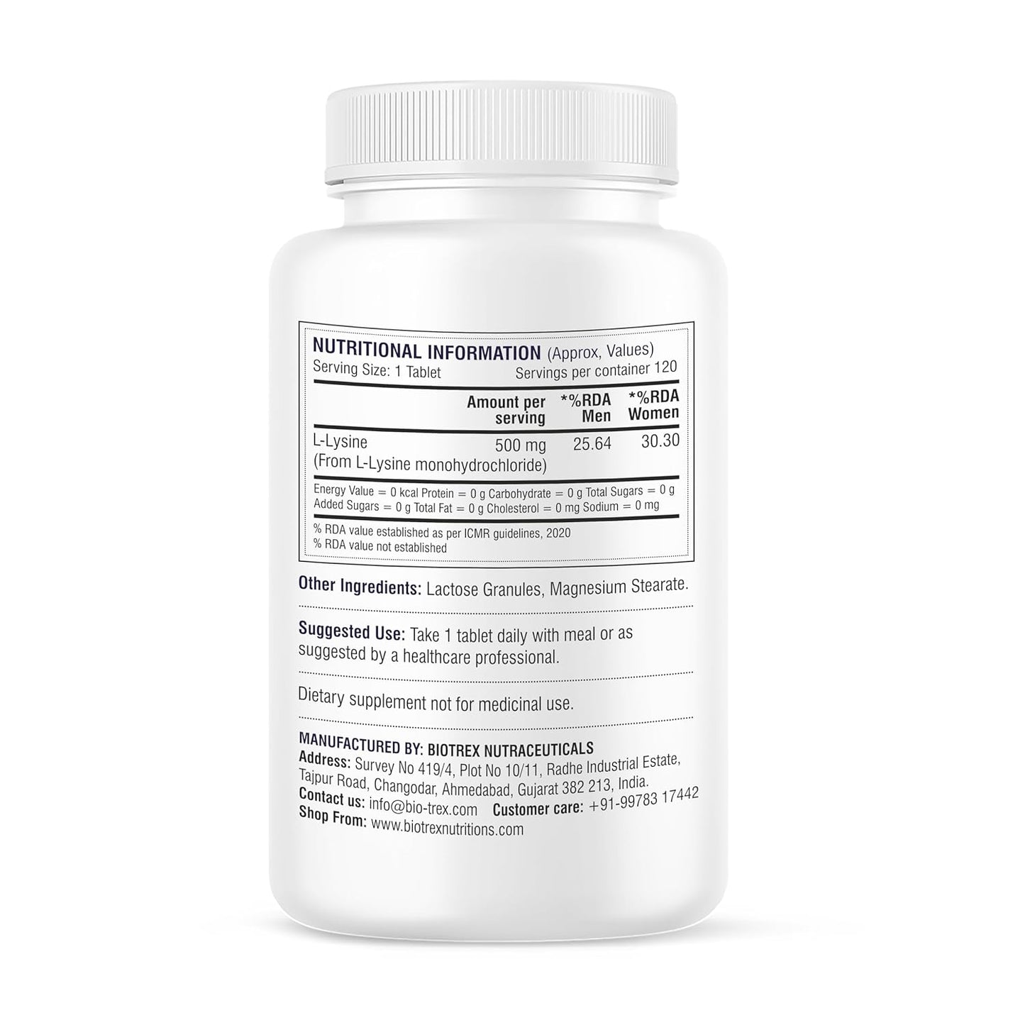 Biotrex Nutraceuticals L-Lysine 500mg | Supports Muscle Growth & Healing | Improve Calcium Absorption & Bone Health | Boost Immunity | L-Lysine Amino Acid | 120 Tablets