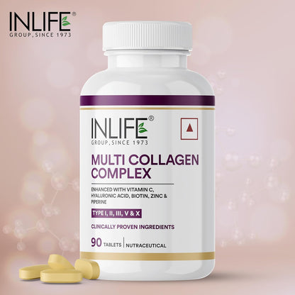 INLIFE Multi Collagen Complex Tablets | 5 Types Peptides I, II, III, V & X with Biotin, Hyaluronic Acid | Collagen Powder Supplements for Women & Men - 90 Tablets (Pack of 1)