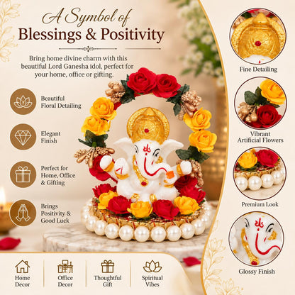 eCraftIndia Resin Lord Ganesha Idol On Decorative Rose Flower Plate| Ganesha Idol for Home Decor Car Dashboard| Ganesha Statue| Ganesh Murti| Ganpati Murti God Statue Gift for Diwali Housewarming