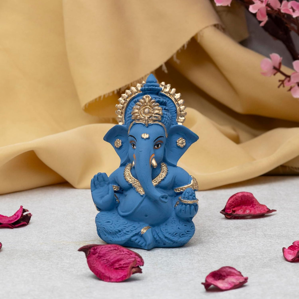 Lord Ganesha Idol for Car Dashboard, Home Temple & Office Decor | Gold Plated Resin Ganpati Murti for Puja, Mandir, Vastu, Diwali, Housewarming Gift | 3.5 Inch | Pack of 1 (Blue)