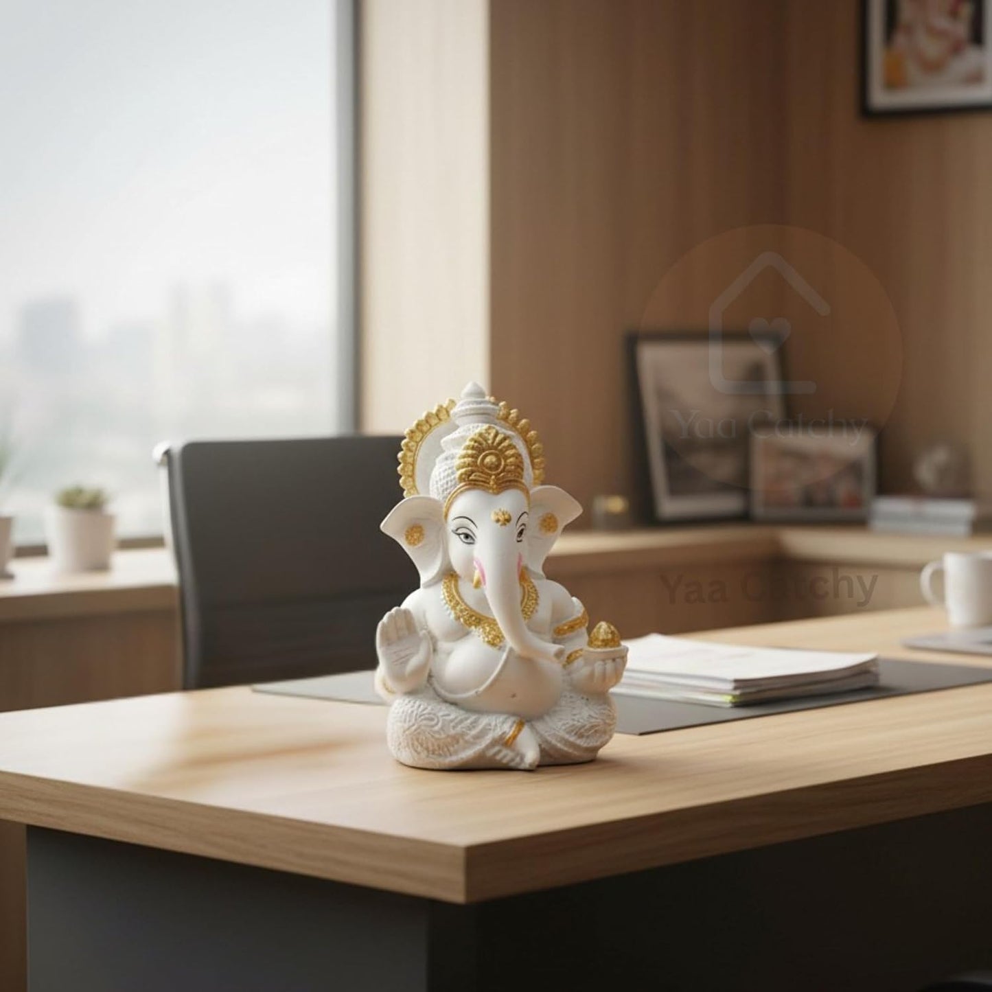 Yaa Catchy White & Gold Ganesha Idol Car Dashboard Idol Ganesha Murti Ganpati Idol for Home Decor Pooja Lord Ganesh Statue Gift for Office Desk Pooja Room (Ganesha Resin White & Gold)