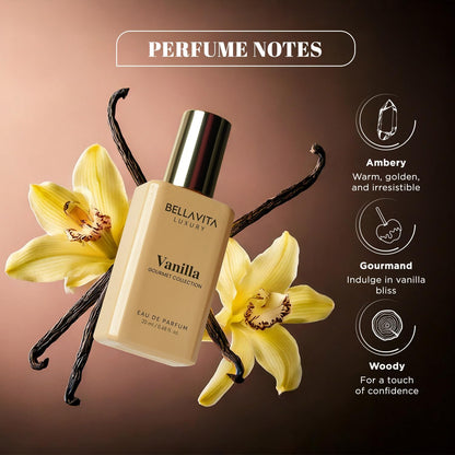 Bellavita Vanilla perfume bottle with vanilla beans and flowers on a brown background