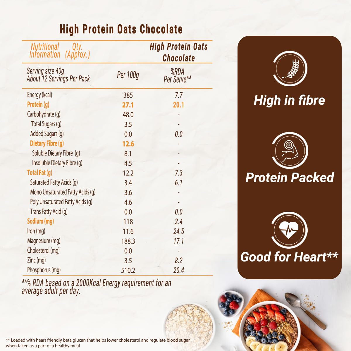 Sundrop Heart High Protein Oats| 27g Protein| Zero Added Sugar| Whey Protein Added| 12.6g Fibre| 500g| Chocolate| Added Seeds, Almonds & Raisins