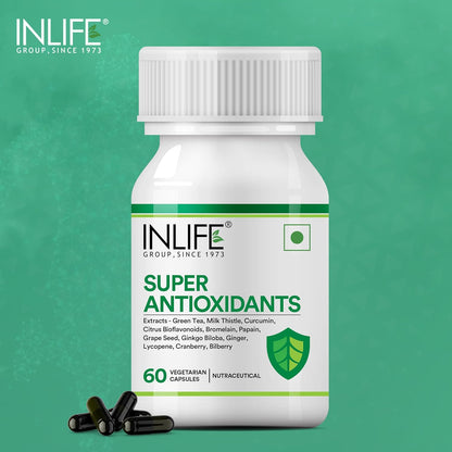 INLIFE Super Antioxidant Supplement Lycopene, Green Tea, Milk Thistle, Curcumin, Grape Seed, Ginkgo Biloba, Ginger, Cranberry, Alpha Lipoic Acid, Lutein, Zeaxanthin - Pack of 60 Vegetarian Capsules