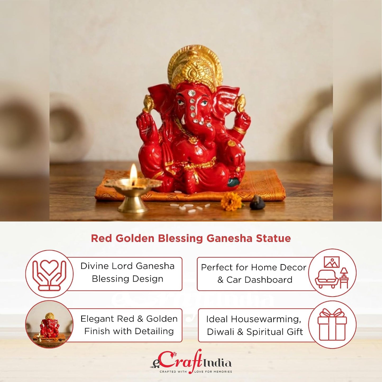 eCraftIndia Red Golden Blessing Ganesha Statue | Lord Ganesha Idol for Home Decor Car Dashboard | Ganesh Ganpati Murti Gift for Diwali Housewarming Birthday