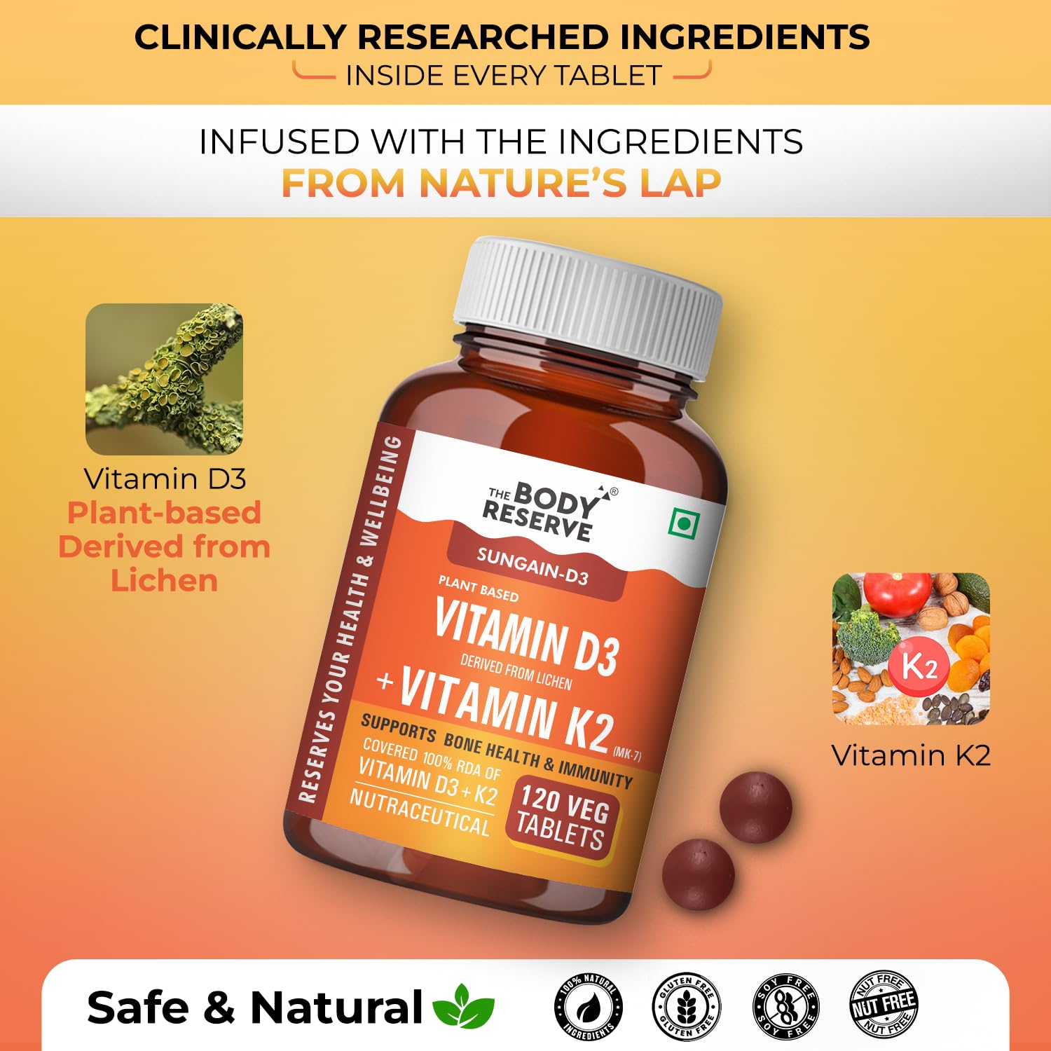 Body Reserve Vitamin D3 + Vitamin K2 supplement bottle with ingredients and benefits on a gradient background