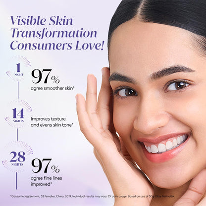 Advertisement for skin improvement product showing a woman's face with text about visible skin transformation.