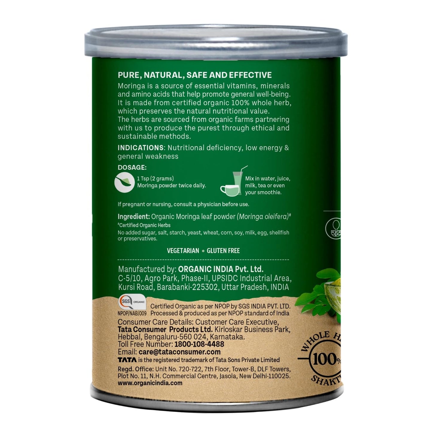 Back view of a Moringa powder can with green label and white background