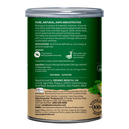 Back view of a Moringa powder can with green label and white background