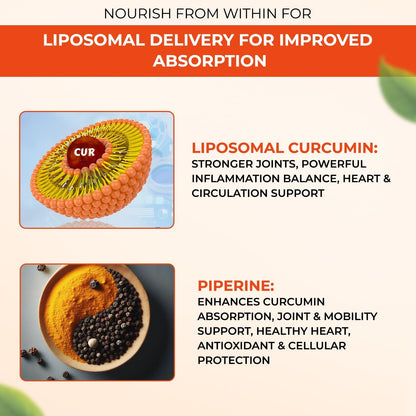 Advertisement for liposomal curcumin with text about its benefits on a beige background.