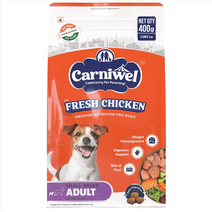Carniwel Fresh Chicken Adult Dry Dog Food 400gm | Premium Nutrition | Natural Ingredients for Optimal Skin & Coat Health | Highly Palatable | Supports Joint Health