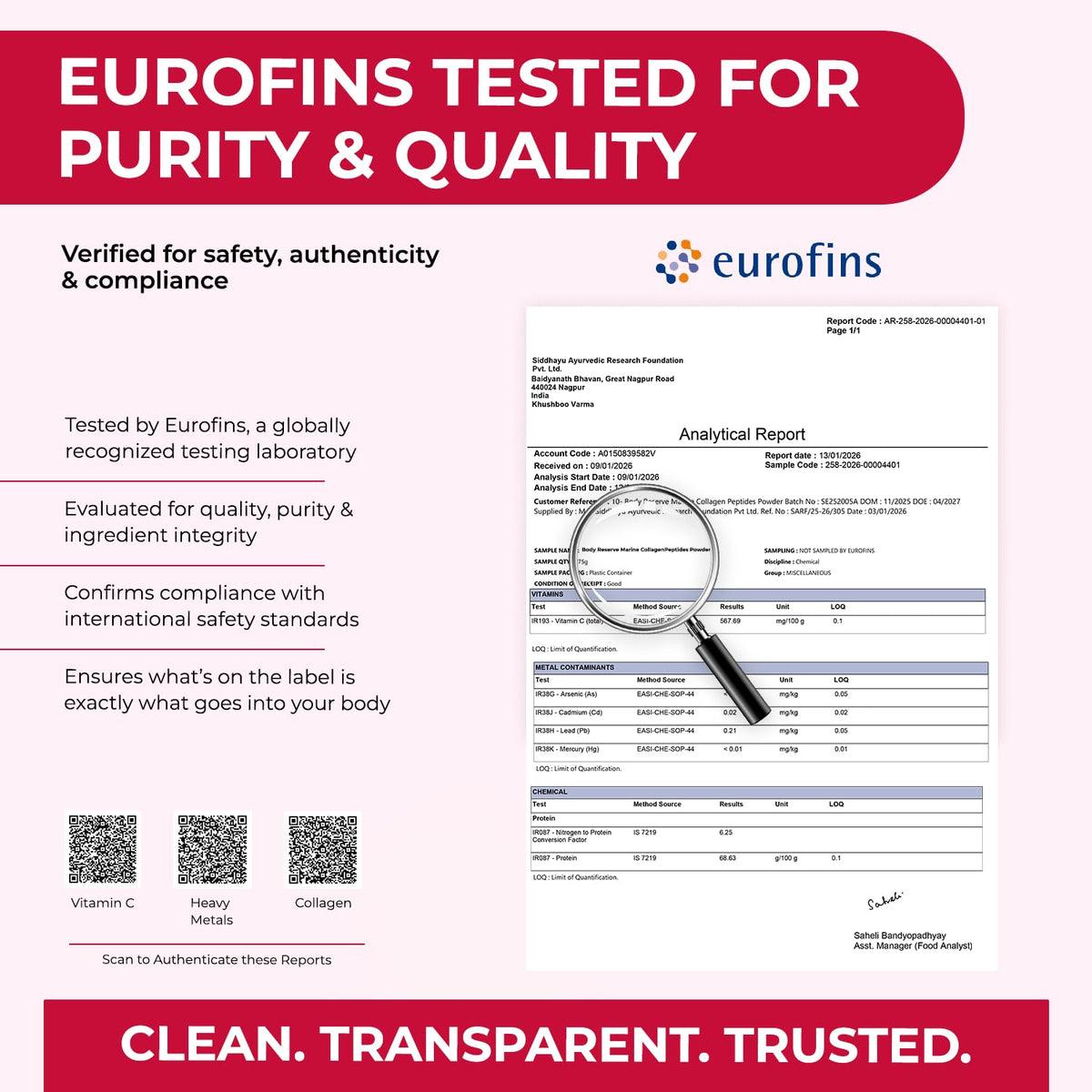 Eurofins quality and purity testing certificate with a magnifying glass, on a white background.