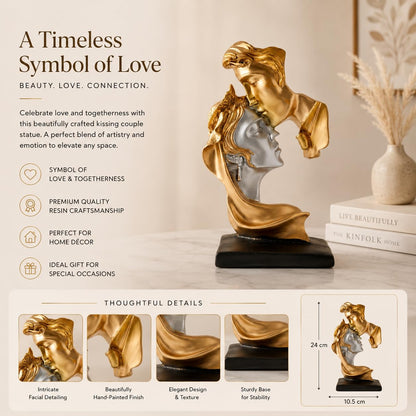 Resin Kissing Couple Statue|Romantic Home Décor Accent (Pack of 1, Silver & Golden)
