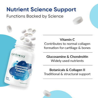 Ambrosial Glucosamine Chondroitin Complex supplement bottle with text about nutrient science support on a white background.