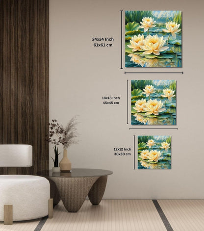 Lotus Flower Painting for Wall Vastu (15+ DESIGNS) Framed Lotus Canvas Painting for Living Room, Bedroom | Nature Floral Wall Art with Multiple Design Variations (Yellow White Lotus, 18x18 Inch, Framed)