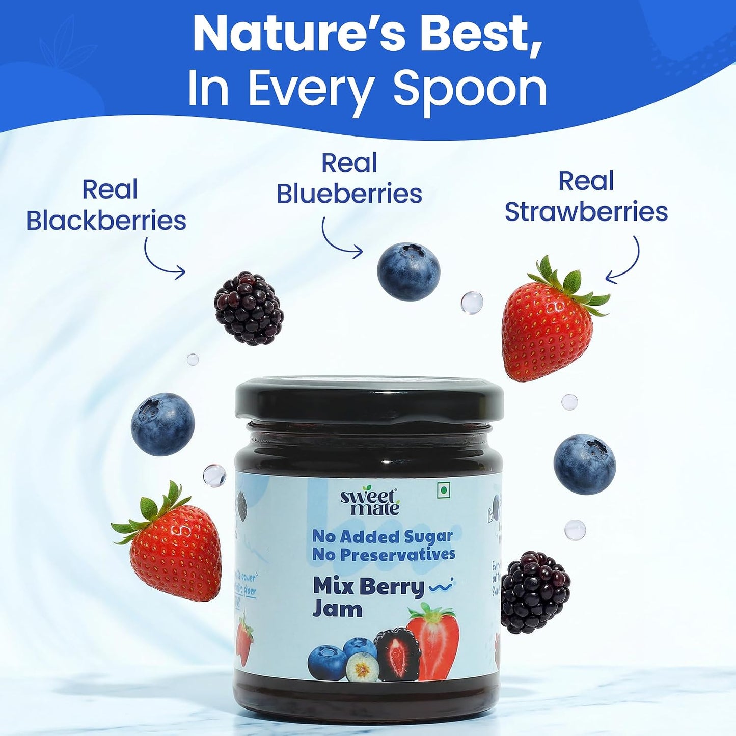 Sweetmate Mix Berry Jam - 220g | No Added Sugar | 100% Pure Fruit Pulp & Healthy Fiber | No Preservatives, Colors & Artificial Flavors | Diabetic & Keto Friendly Jam