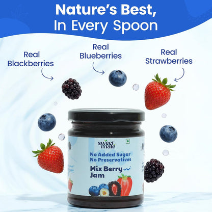 Sweetmate Mix Berry Jam - 220g | No Added Sugar | 100% Pure Fruit Pulp & Healthy Fiber | No Preservatives, Colors & Artificial Flavors | Diabetic & Keto Friendly Jam