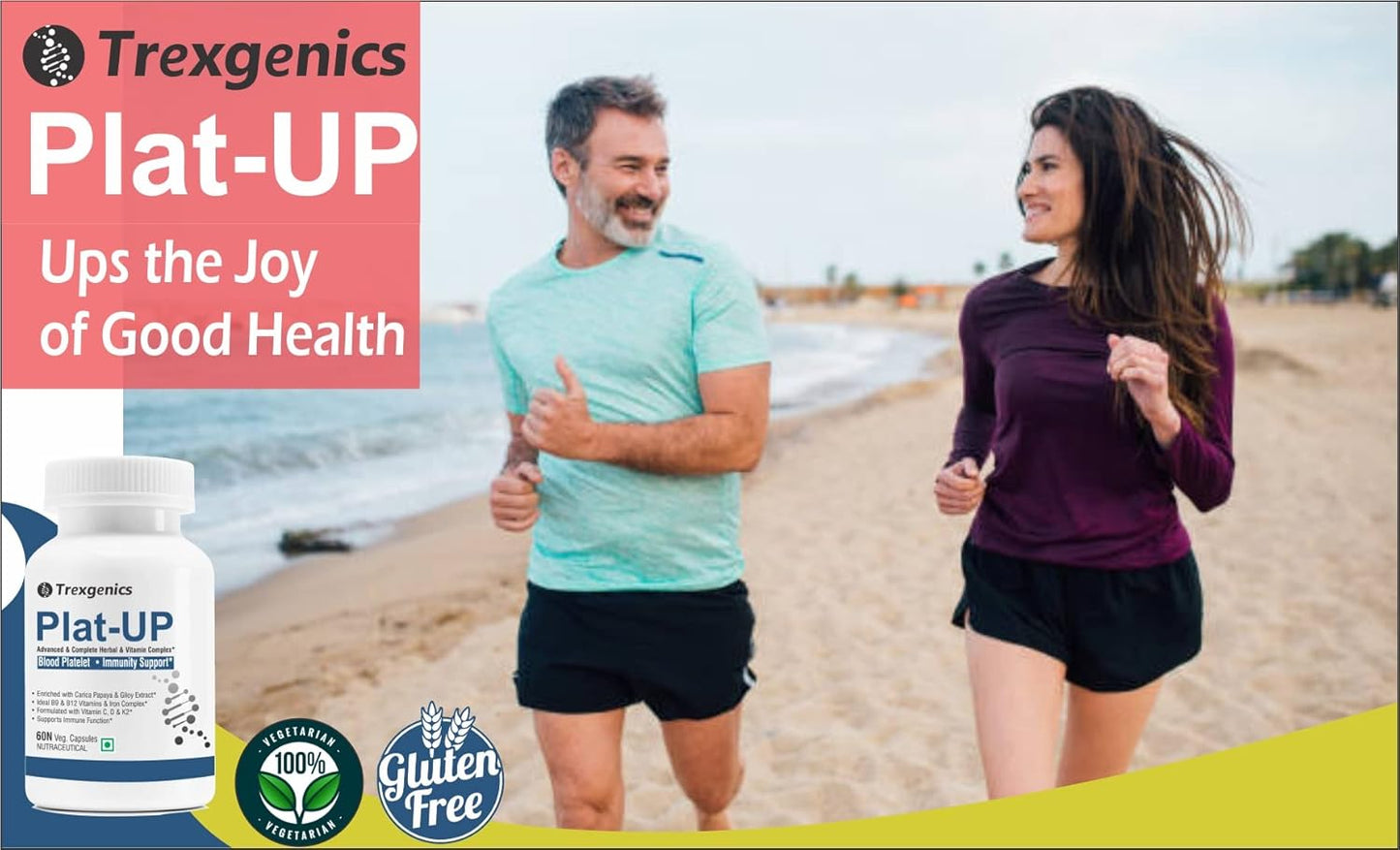 Two people running on a beach with Trexgenics Plat-Up supplement packaging displayed.