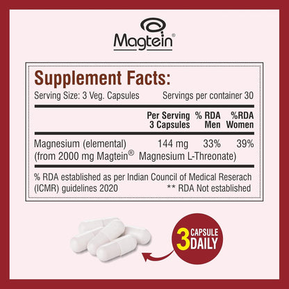 Biotrex Nutraceuticals Magtein Magnesium L Threonate Supplement – Supports Cognitive Function, Memory & Sleep – Magnesium L-Threonate for Brain Health – 90 Veg Capsules – Highly Bioavailable Formula