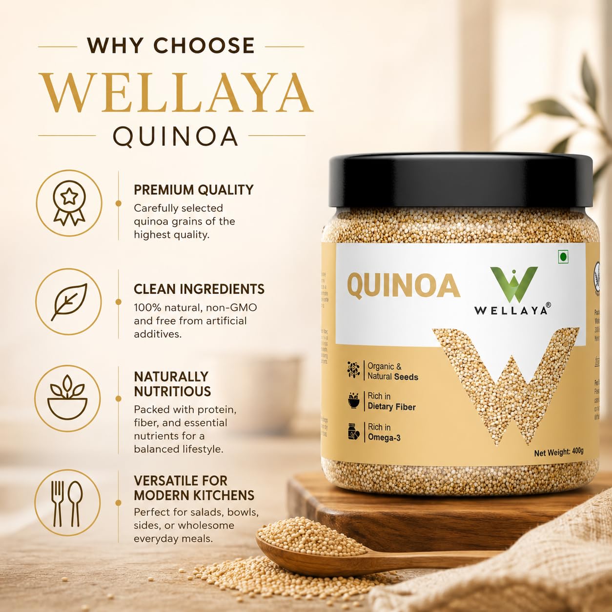 WELLAYA Quinoa Seeds | High Protein & Fiber Quinoa Seeds for Eating | Rich Nutrient Whole Grain | Healthy Food