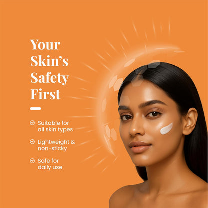 Woman with a skincare product on her face against an orange background with text about skin safety.