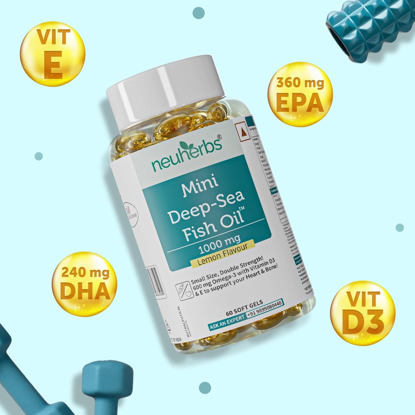 Neuherbs Mini Deep Sea Omega 3 Fish Oil Capsules 1000mg Supplement | EPA - 360mg, DHA - 240mg | With Vitamin E & D3 | Suppots Heart, Brain, Muscle & Joint Health| Lemon Flavour - 60 Softgels
