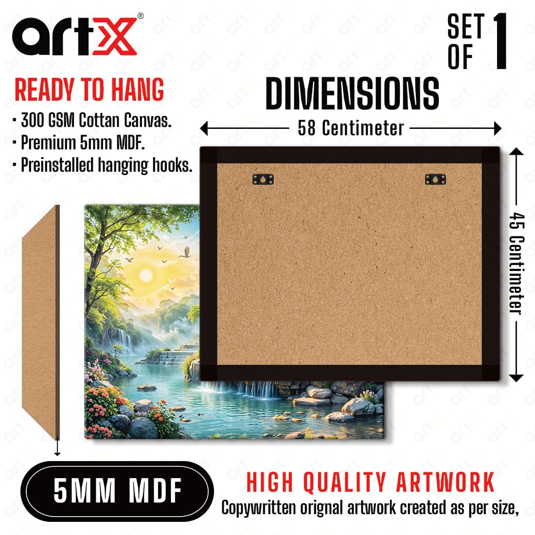 Canvas Step Waterfall Painting Vastu, Big Size Scenery, Water Stream, Mountain Painting Vastu Water Fall, Multicolor, Nature, 58.0 X 45.0 cm, Set of 1