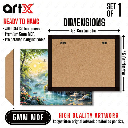 Canvas Step Waterfall Painting Vastu, Big Size Scenery, Water Stream, Mountain Painting Vastu Water Fall, Multicolor, Nature, 58.0 X 45.0 cm, Set of 1