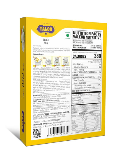 Talod Instant Rice Idli Flour Mix | Soft & Fluffy South Indian Idli Premix | Ready to Cook Batter | Healthy Traditional Breakfast | No Artificial Colors and Flavours | Any time Snacks - 400g