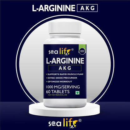 Sea Life L-Arginine AKG 1000 mg (60 Veg Tablets) | Boosts Stamina & Supports Rapid Muscle Pump | Nitric Oxide Precursor | Muscle Building Amino Acid | High Absorption L Arginine Supplement