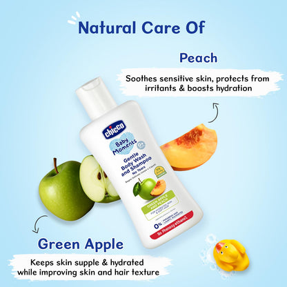 Chicco Baby Moments Gentle Bodywash & Shampoo with Green Apple & Peach, 100ml | Head-to-Toe | No Tears Formula | Hydrated Skin & Hair | Dermatologically Tested | Parabens & Phenoxyethanol Free