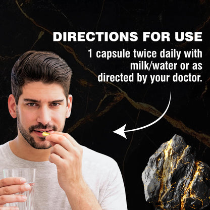 Man taking a capsule with directions for use displayed on a dark background