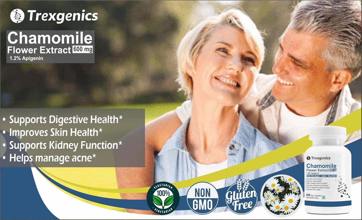 Advertisement for Trexegenics Chamomile Flower Extract with a couple in the background