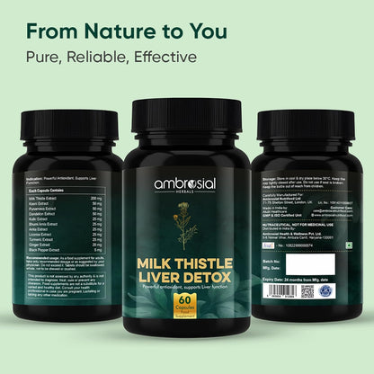 Three bottles of ambrosial Milk Thistle Liver Detox on a light green background with text 'From Nature to You'.
