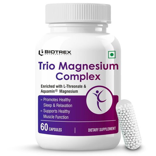 Biotrex Nutraceuticals Trio Magnesium Complex Enriched With Magnesium L- Threonate, Aquamin Citrate & Magnesium Glycinate, Highly Bioavailable Forms of Magnesium, Supports Healthy Nerve & Brain Health, Supports Healthy Sleep - 60 Veg Capsules