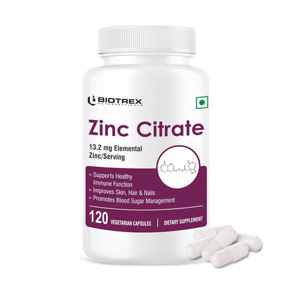 Biotrex Nutraceuticals Zinc Citrate Supplement | Immunity & Growth | Better Immune System & Overall Healing | Well Absorbed Zinc | 120 Veg Capsules