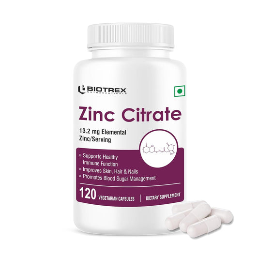 Biotrex Nutraceuticals Zinc Citrate Supplement | Immunity & Growth | Better Immune System & Overall Healing | Well Absorbed Zinc | 120 Veg Capsules