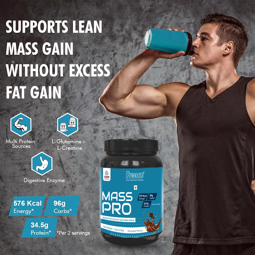 PRO360 Mass Pro (fka Mass Gainer) Protein Powder - Lean Mass Formula with Digestive Enzymes, 34.5g Protein per 2 Servings a day, Chocolate Flavor, 1kg