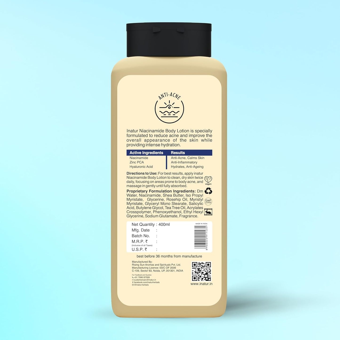inatur Niacinamide Body Lotion 400ml – Anti-Acne Moisturizer with 2% Salicylic Acid, Zinc PCA & Hyaluronic Acid | Sulphate-Free Formula for Smooth, Hydrated Skin | Deep Nourishment & Oil Control