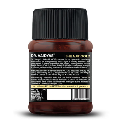 Dr. Vaidya’s Shilajit Gold Capsules for Men | Pure Himalayan Shuddha Shilajit, Ashwagandha, Swarna Bhasma, Gokshura & Fulvic Acid | Boosts Strength, Stamina, Energy & Vitality | 30 Capsules