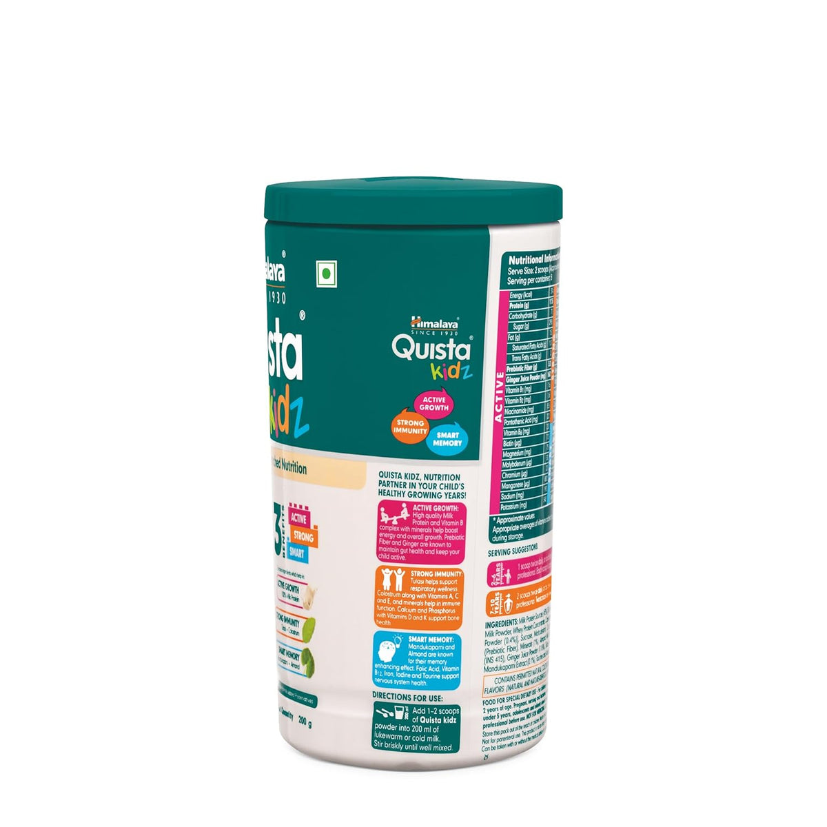 Quista Kid powder container with green lid on a white background