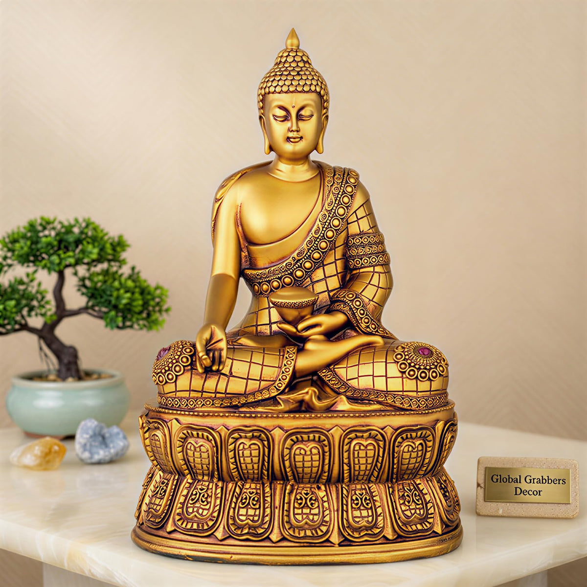 Buddha Statue Showpiece Idol Home Decor Items for Living Room and Gifts (Golden 4)