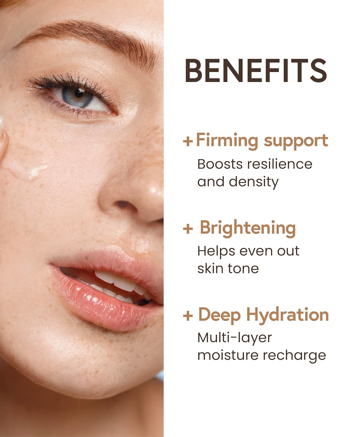 Close-up of a person's face with skincare benefits listed on the right.
