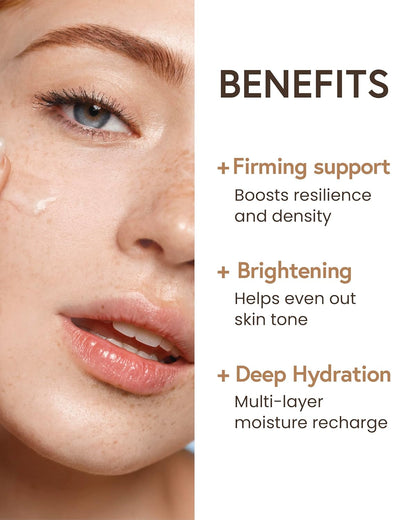 Close-up of a person's face with skincare benefits listed on the right.