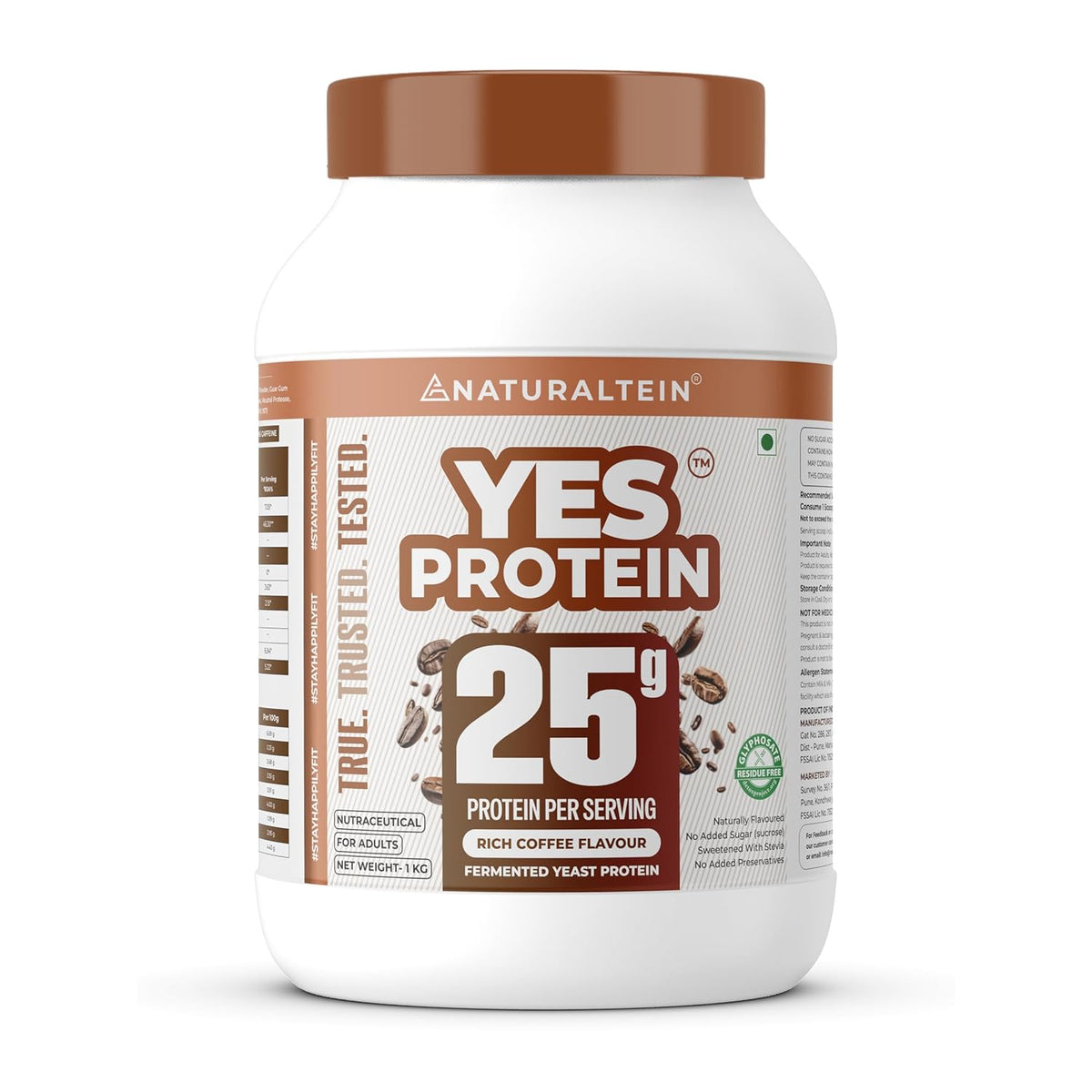 Protein powder container with 'Yes Protein' branding on a white background